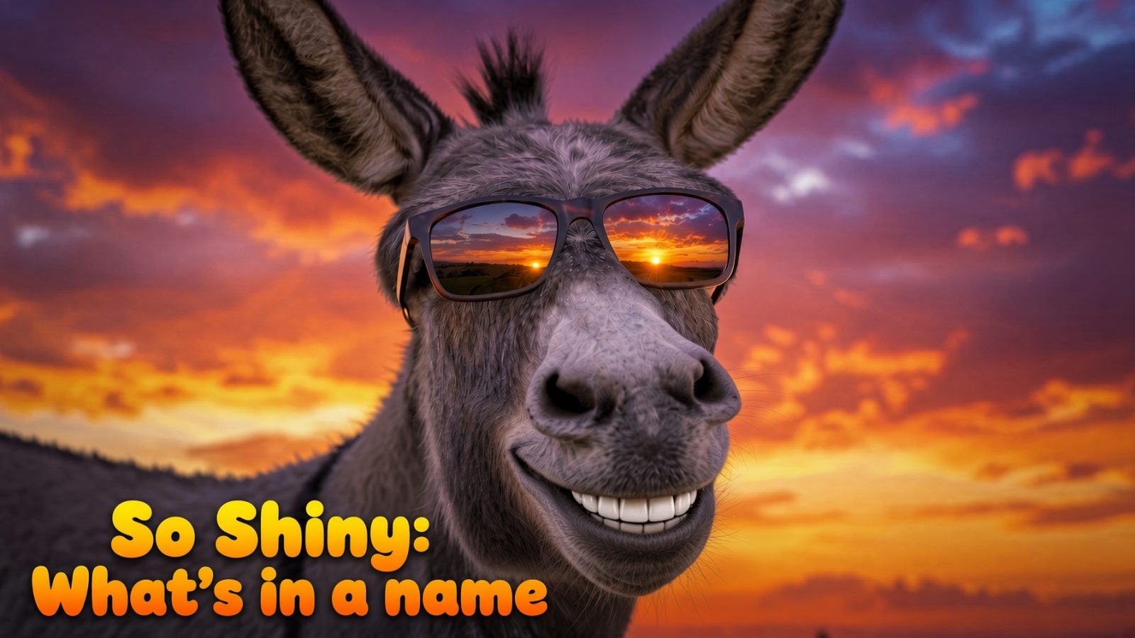 A grinning donkey in sunglasses at sunset, captioned "So Shiny: What's in a name"