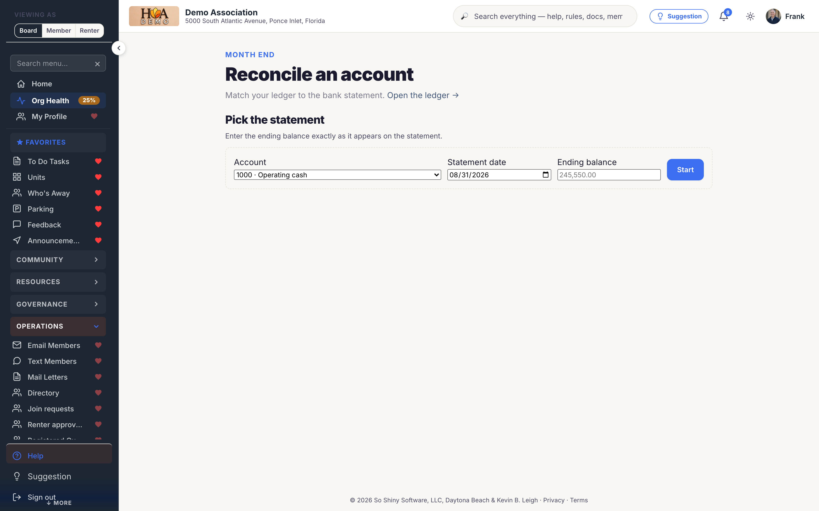 Bank reconciliation in SoShiny, matching the ledger against a statement
