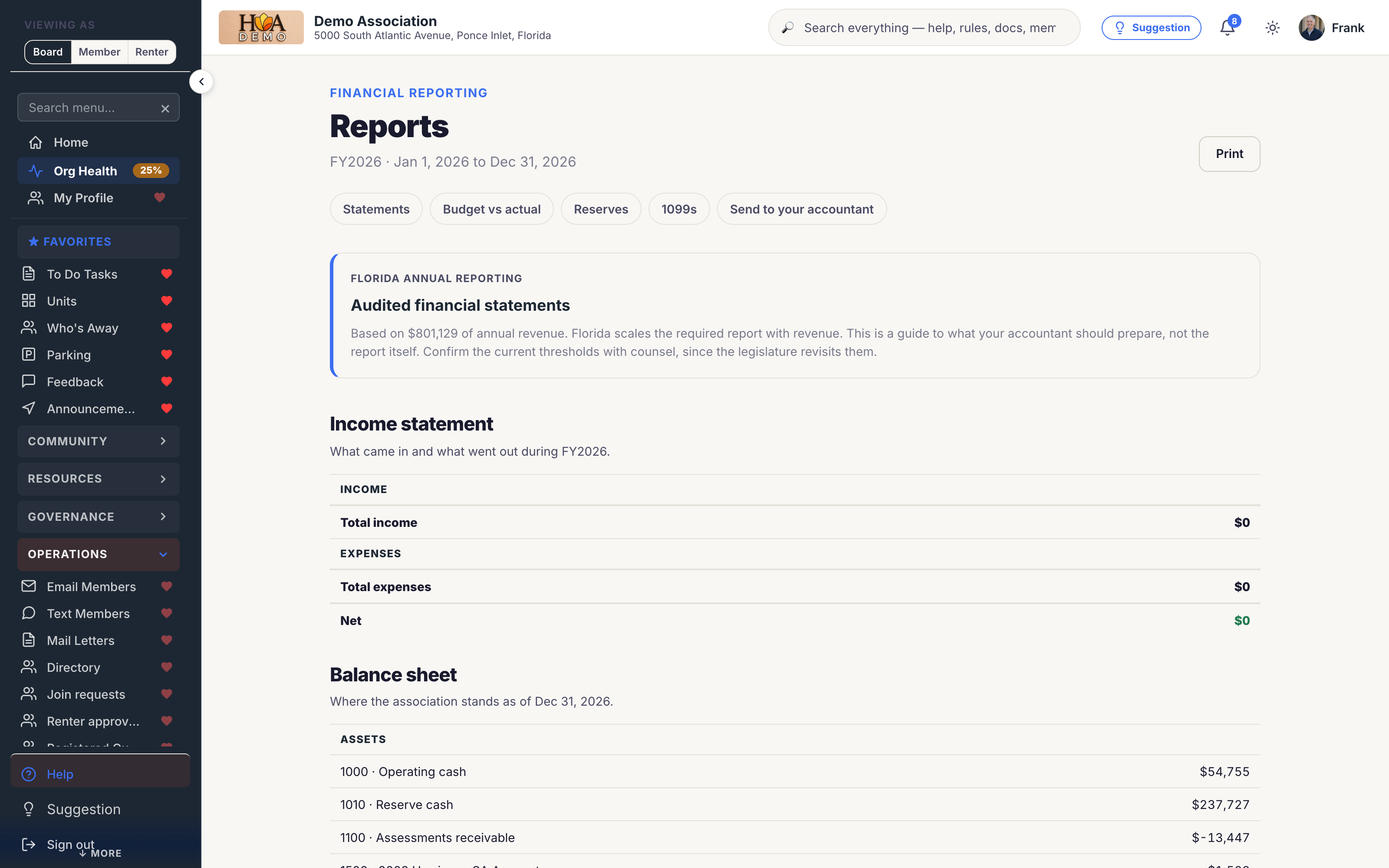 Financial reports in SoShiny: balance sheet, income statement and budget versus actual