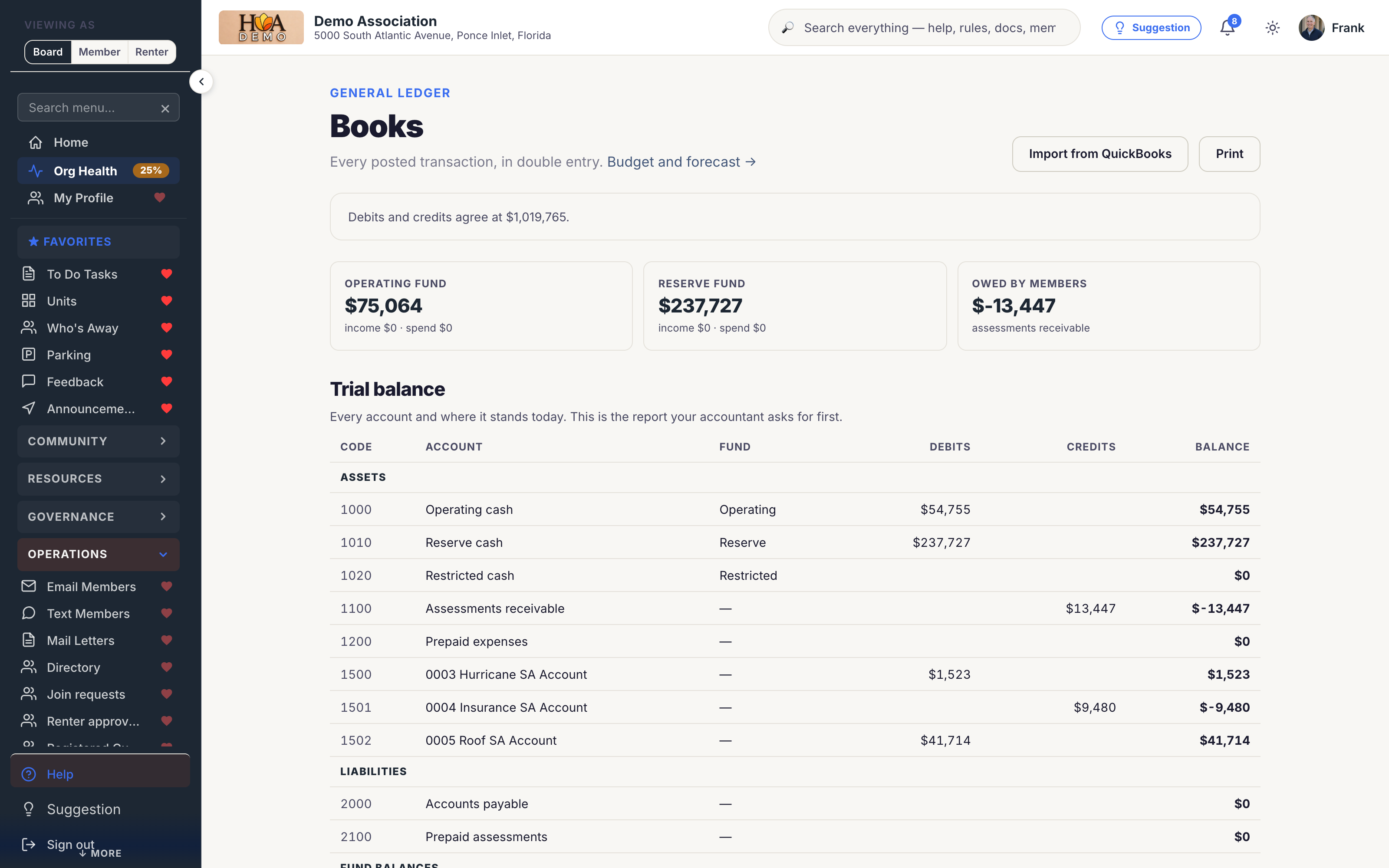 The general ledger in SoShiny, showing a trial balance with operating and reserve funds tracked separately