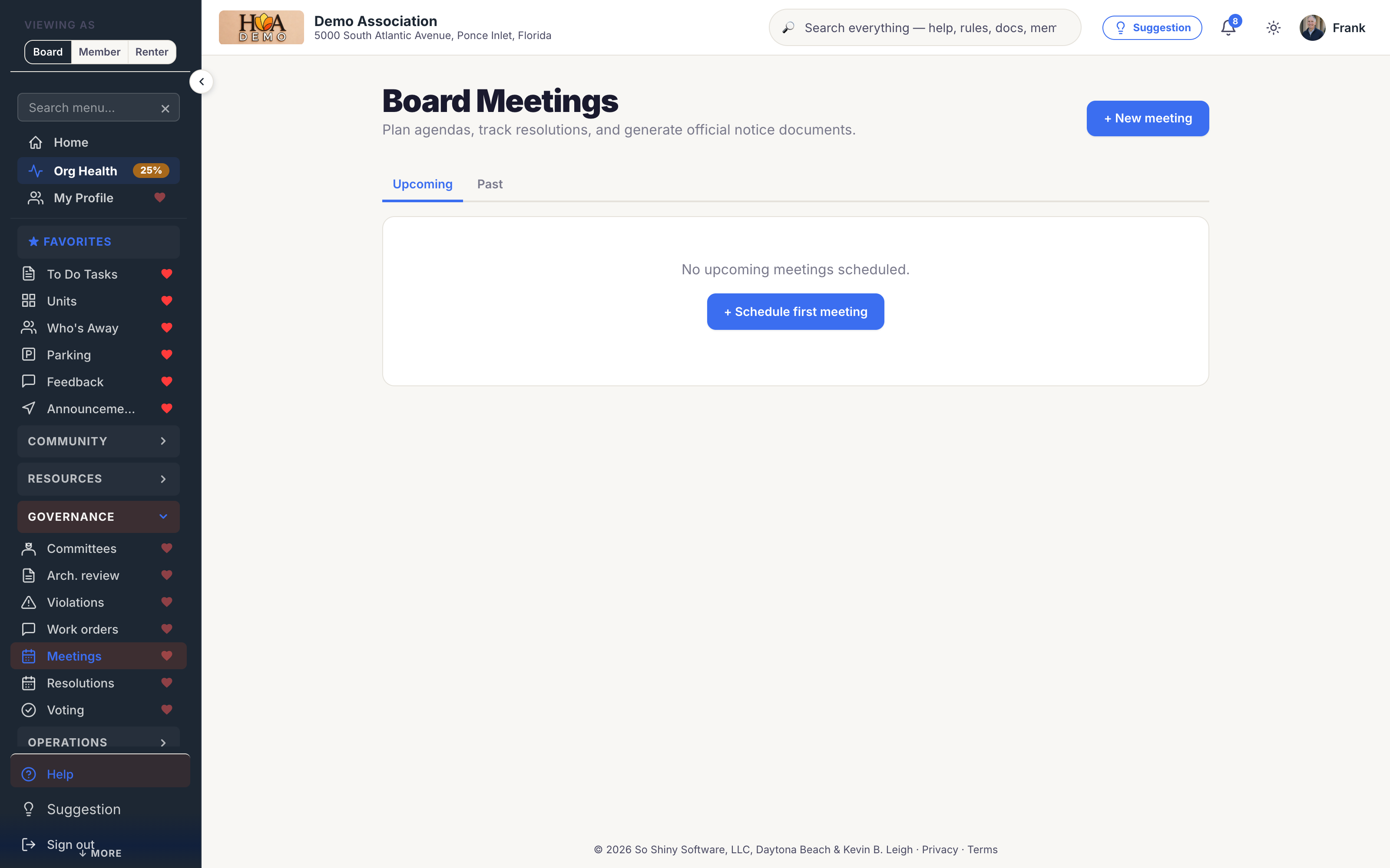 Board meetings in SoShiny, showing agendas, minutes and resolutions