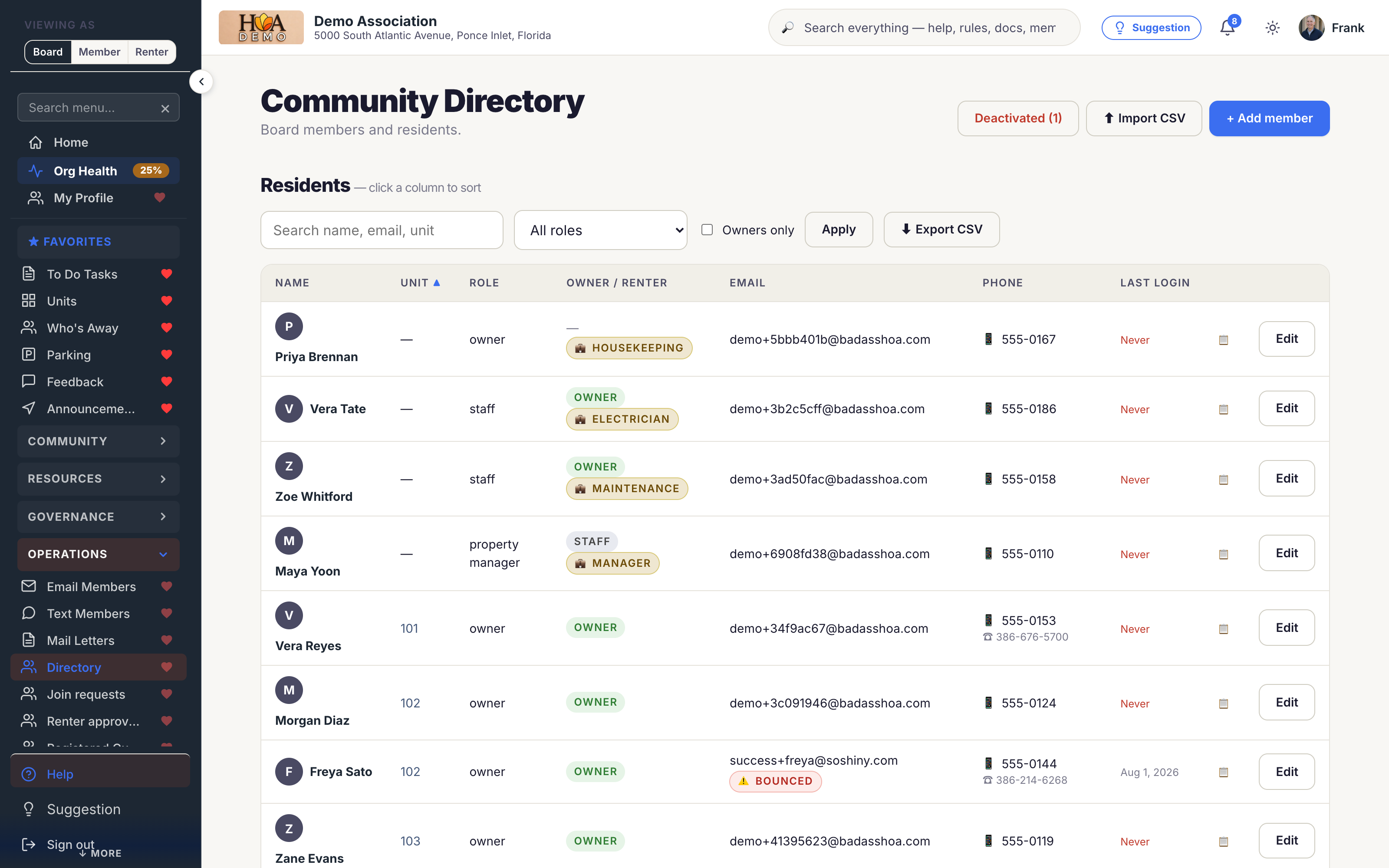The member directory in SoShiny, showing owners, renters and board members