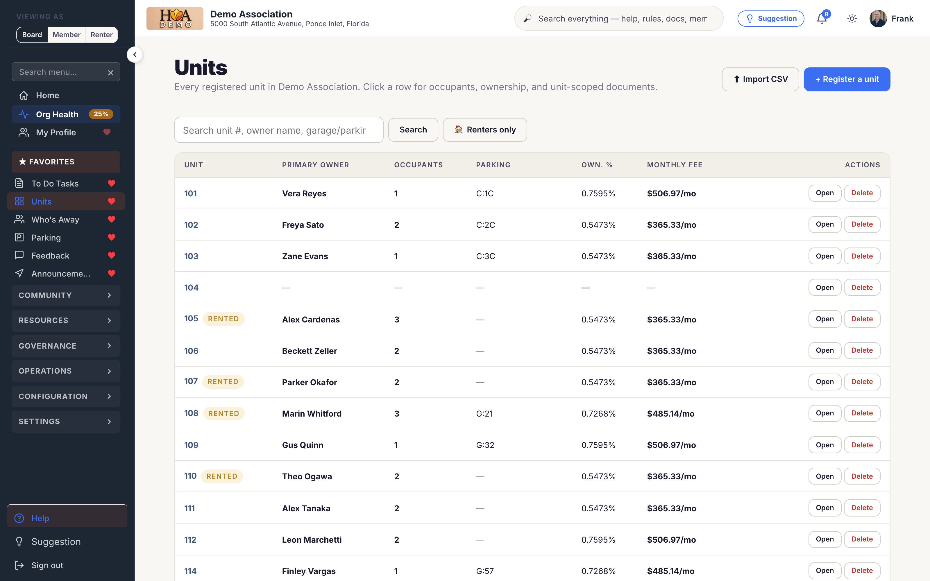 Unit records in SoShiny, showing ownership percentage, dues and parking