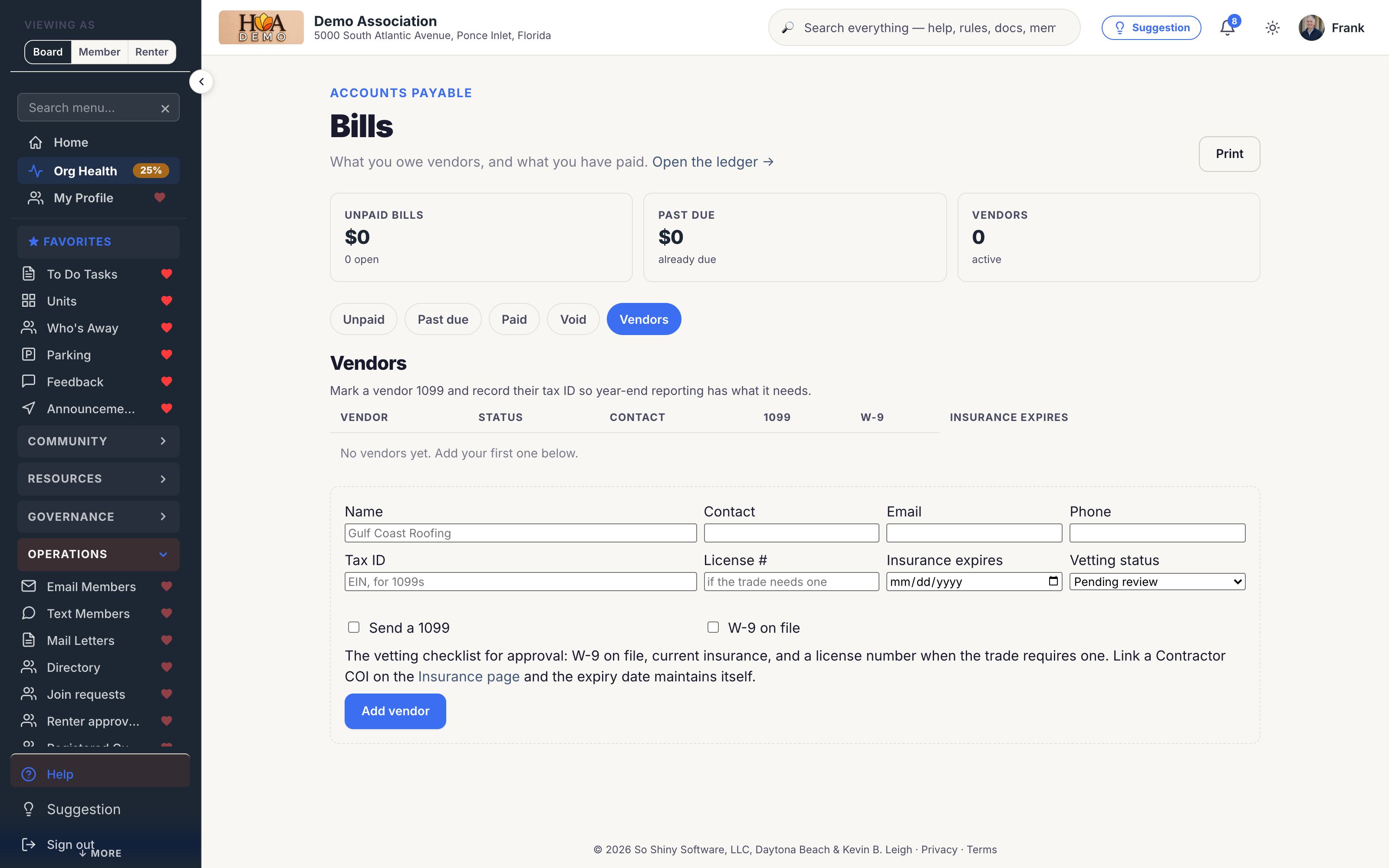 Vendor vetting in SoShiny, showing approval status and the W-9 and insurance checklist
