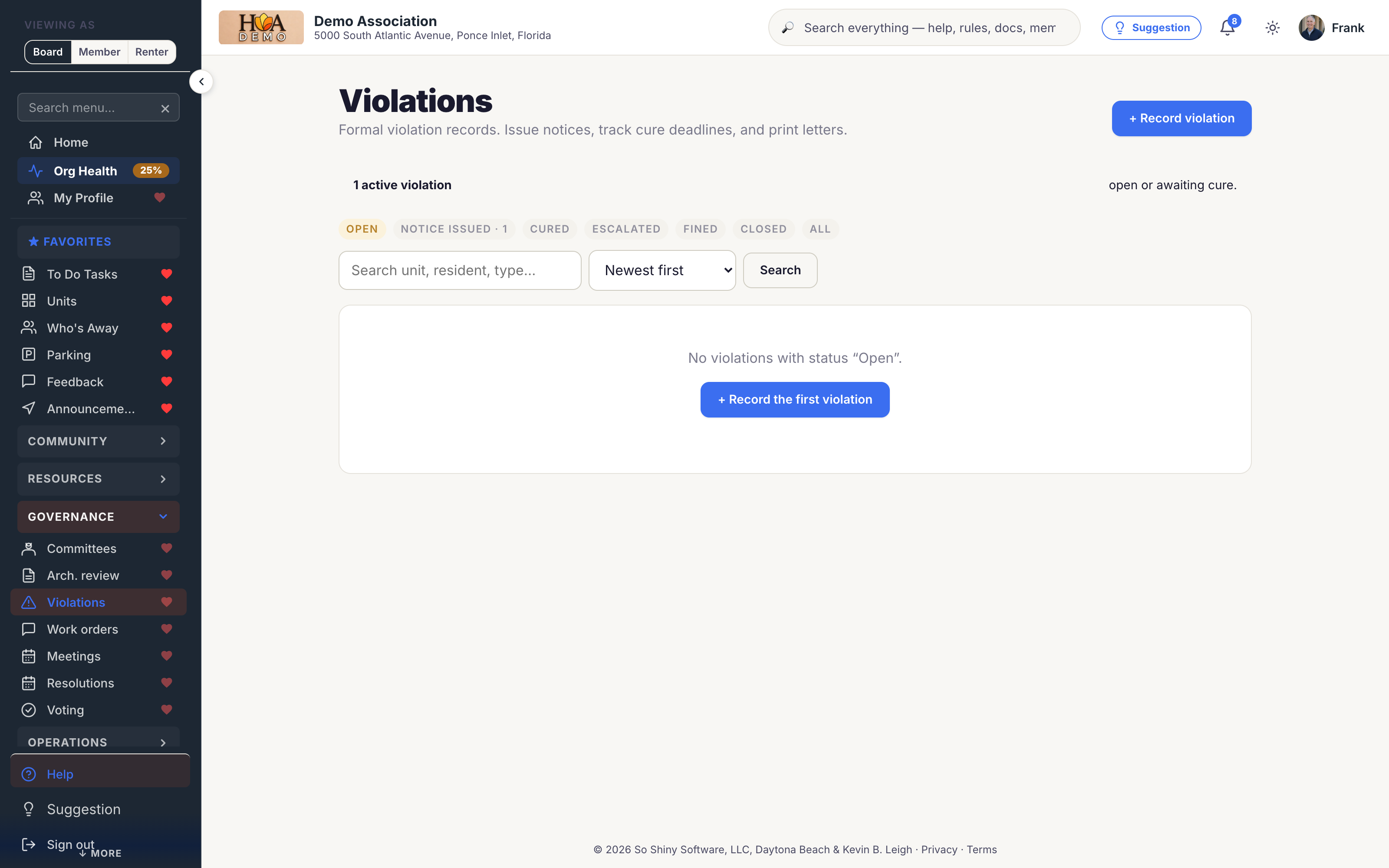 The violations workflow in SoShiny, from notice through resolution