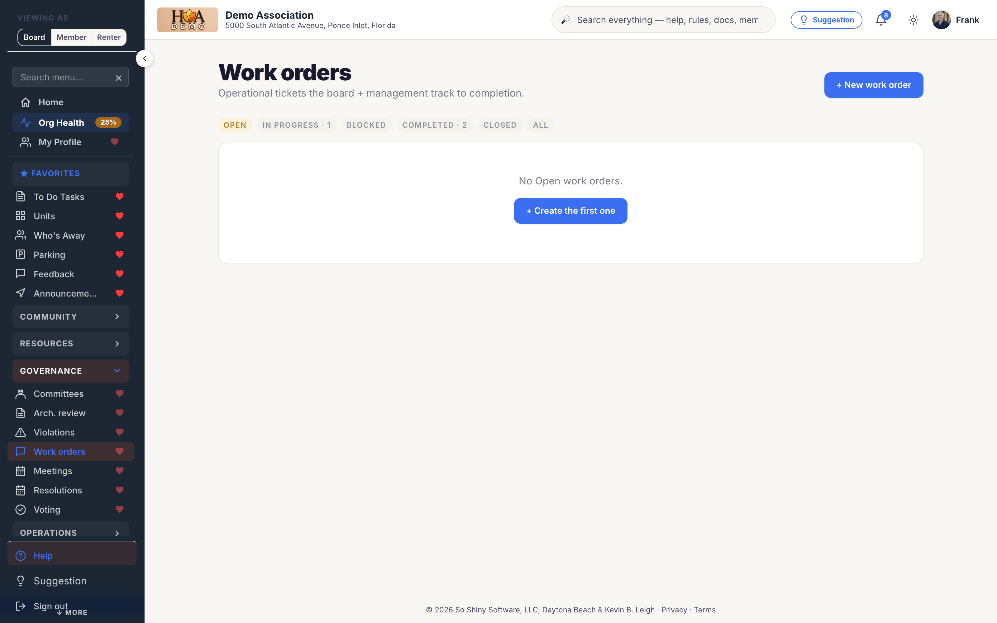 Work orders in SoShiny, showing status, assignee and unit