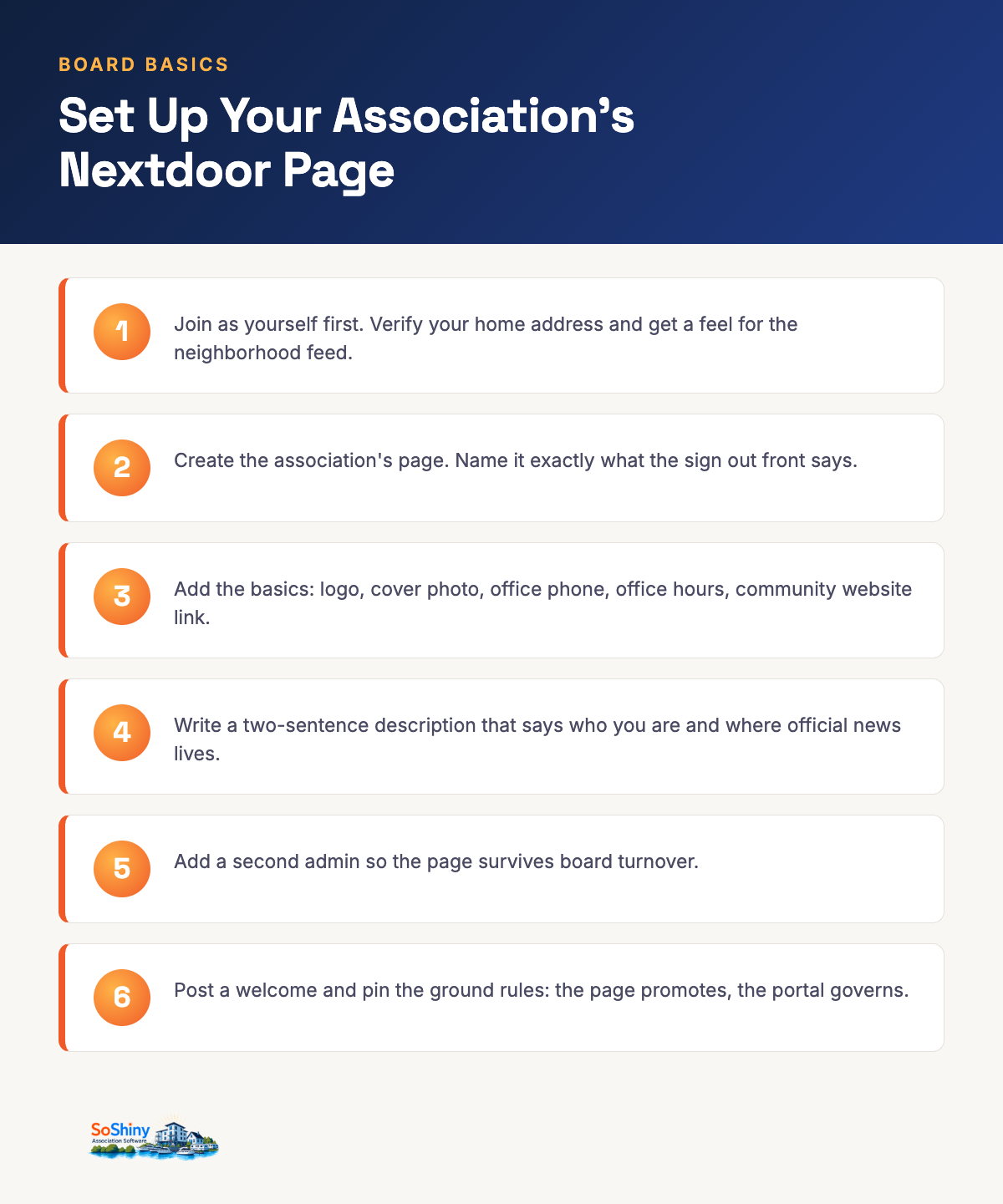 Six-step infographic for setting up a homeowners association Nextdoor page